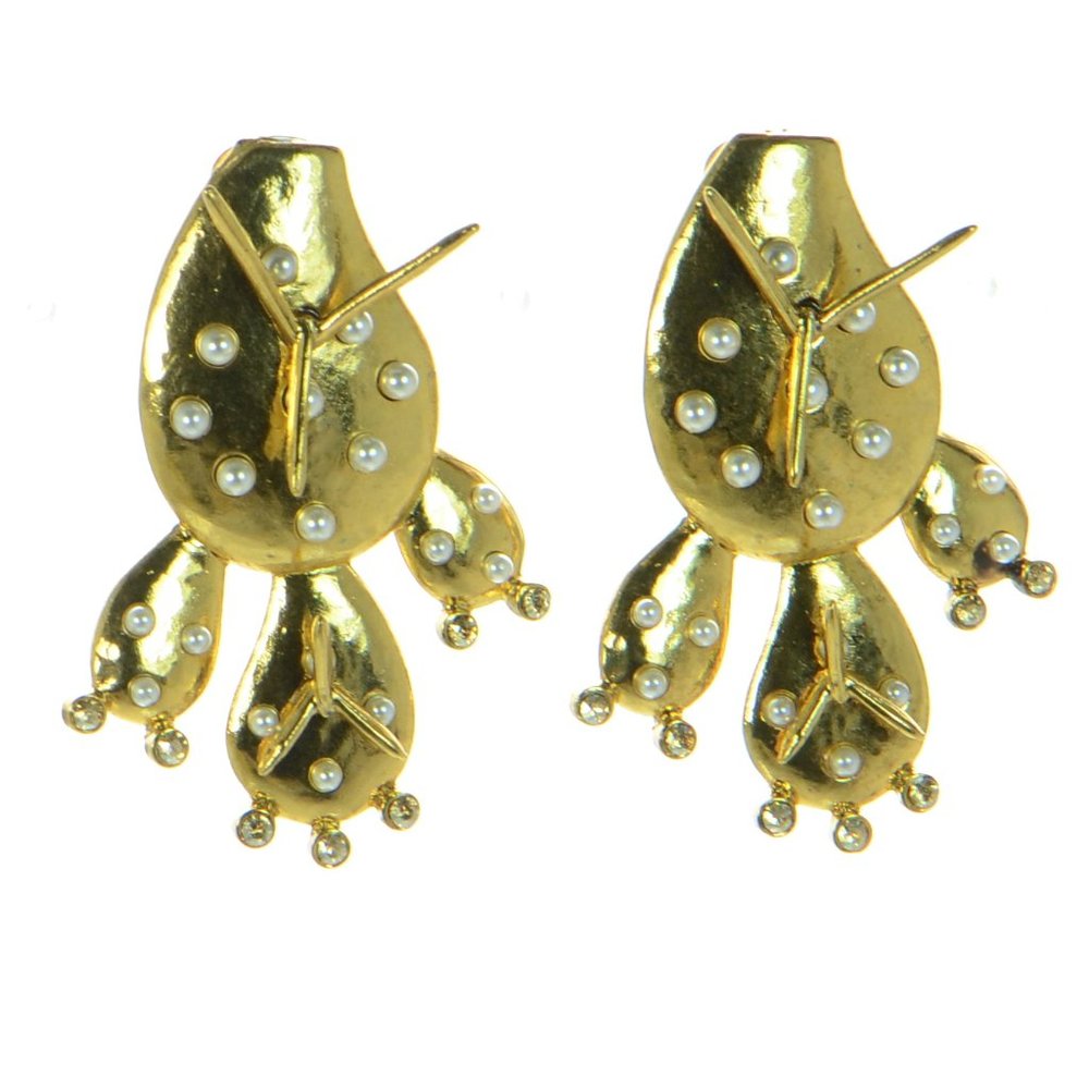 Oscar de la Renta Faux Pearl & Crystal Cactus Clip-On Earrings